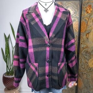 Purple‎ Black Wool Plaid Jacket - Vintage 90s Oversized Grunge Coat - Size 10